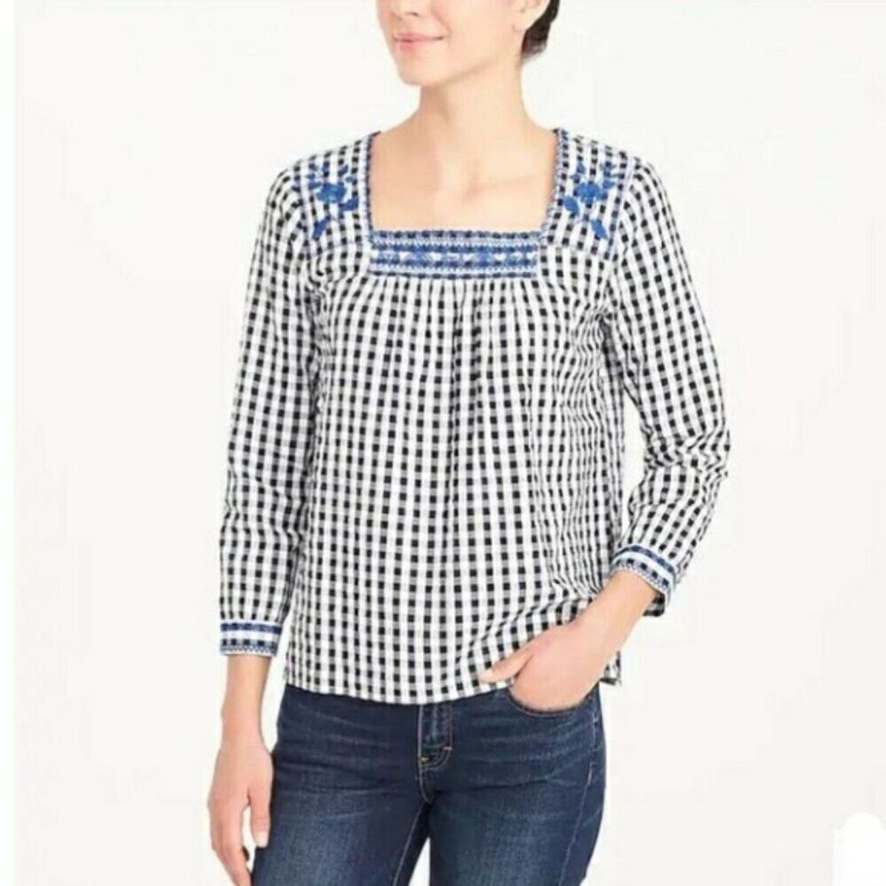 J. Crew Gingham Embroidered Peasant Top size Medium Black White Blue Blouse